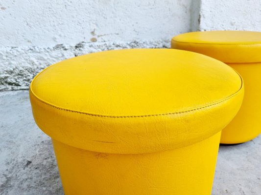 Mid-Century Yellow Leather Poufs, Italy, 1980s, Set of 2-PUG-988377