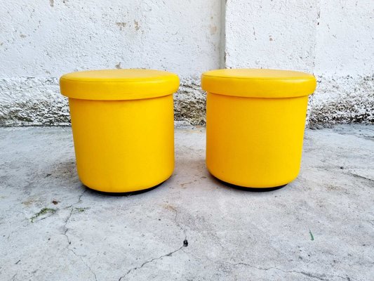 Mid-Century Yellow Leather Poufs, Italy, 1980s, Set of 2-PUG-988377