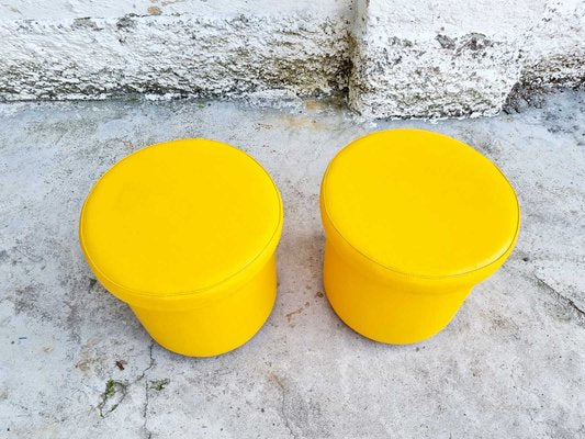 Mid-Century Yellow Leather Poufs, Italy, 1980s, Set of 2-PUG-988377