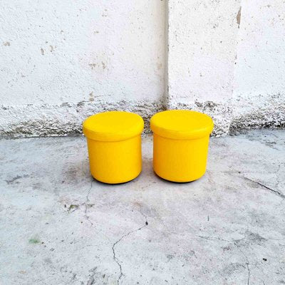 Mid-Century Yellow Leather Poufs, Italy, 1980s, Set of 2-PUG-988377