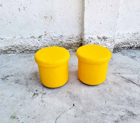 Mid-Century Yellow Leather Poufs, Italy, 1980s, Set of 2-PUG-988377