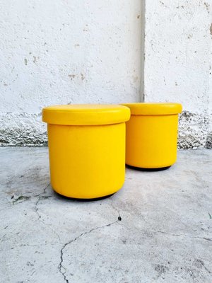 Mid-Century Yellow Leather Poufs, Italy, 1980s, Set of 2-PUG-988377