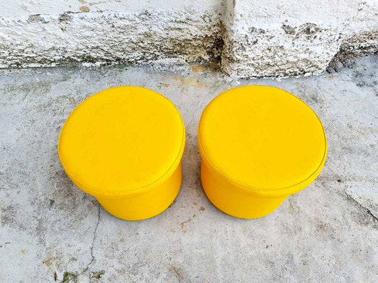 Mid-Century Yellow Leather Poufs, Italy, 1980s, Set of 2-PUG-988377