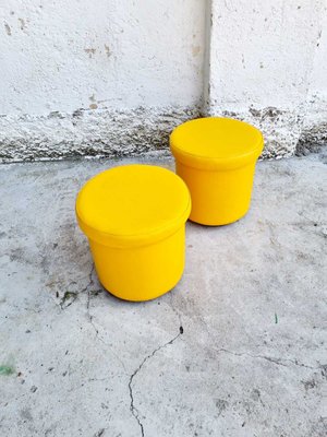 Mid-Century Yellow Leather Poufs, Italy, 1980s, Set of 2-PUG-988377