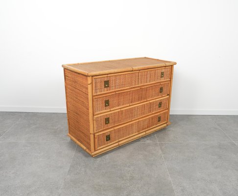 Midcentury Bamboo, Rattan and Brass Chest of Drawers attributed to Dal Vera, Italy, 1970s-LYQ-1758582