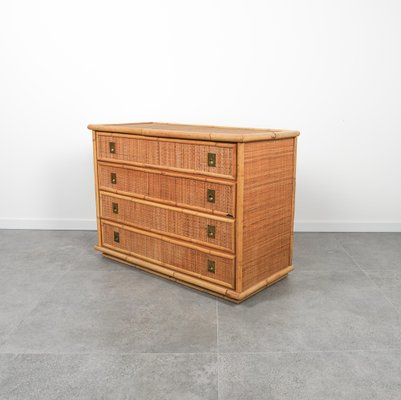 Midcentury Bamboo, Rattan and Brass Chest of Drawers attributed to Dal Vera, Italy, 1970s-LYQ-1758582