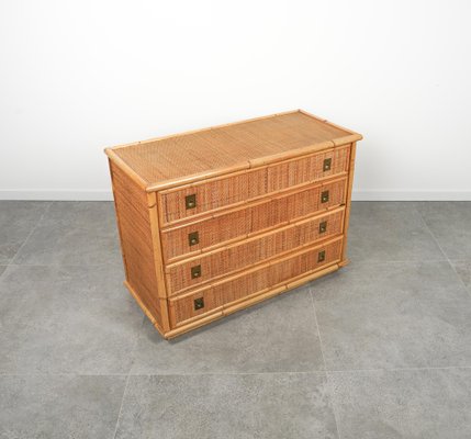 Midcentury Bamboo, Rattan and Brass Chest of Drawers attributed to Dal Vera, Italy, 1970s-LYQ-1758582