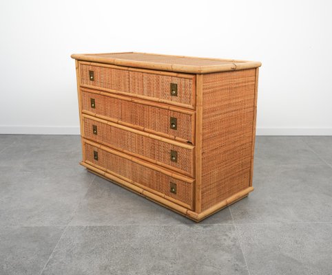 Midcentury Bamboo, Rattan and Brass Chest of Drawers attributed to Dal Vera, Italy, 1970s-LYQ-1758582