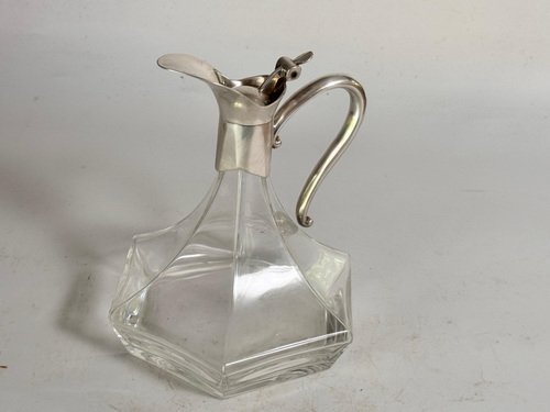 Midcentury French Glass and Silver Plated Wine Decanter with Stopper