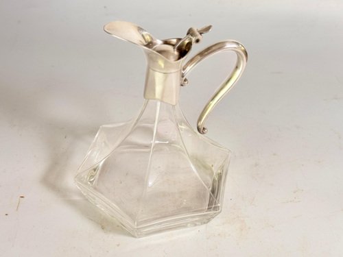 Midcentury French Glass and Silver Plated Wine Decanter with Stopper