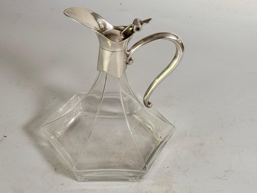 Midcentury French Glass and Silver Plated Wine Decanter with Stopper