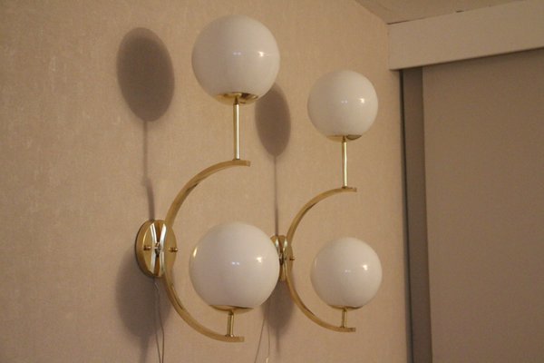 Midcentury Modern Italian Brass and White Glass Sconces, 1990s, Set of 2-YF-787584