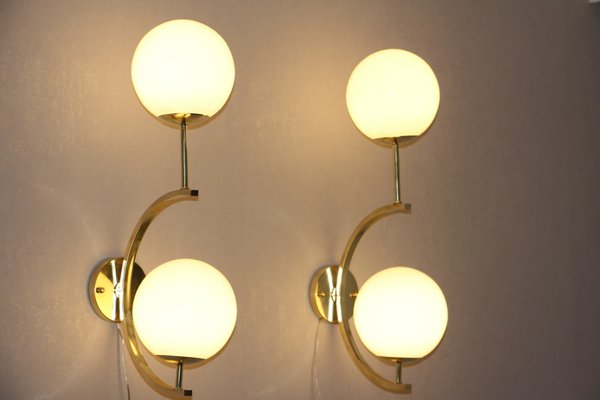 Midcentury Modern Italian Brass and White Glass Sconces, 1990s, Set of 2-YF-787584