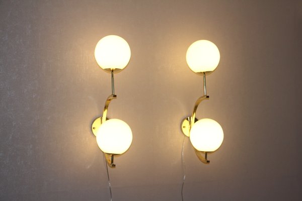 Midcentury Modern Italian Brass and White Glass Sconces, 1990s, Set of 2-YF-787584