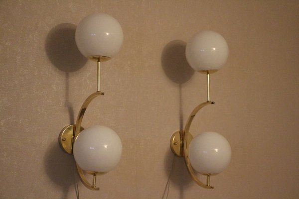 Midcentury Modern Italian Brass and White Glass Sconces, 1990s, Set of 2-YF-787584