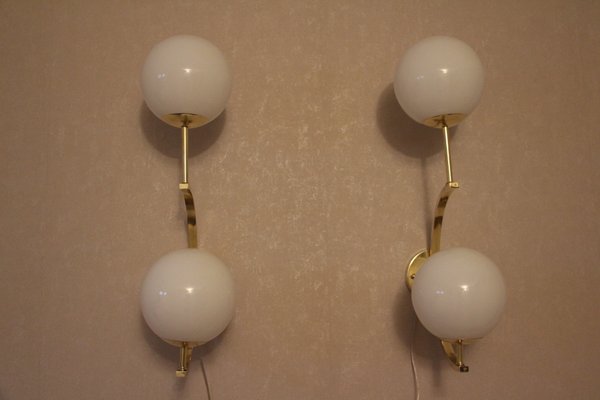 Midcentury Modern Italian Brass and White Glass Sconces, 1990s, Set of 2-YF-787584