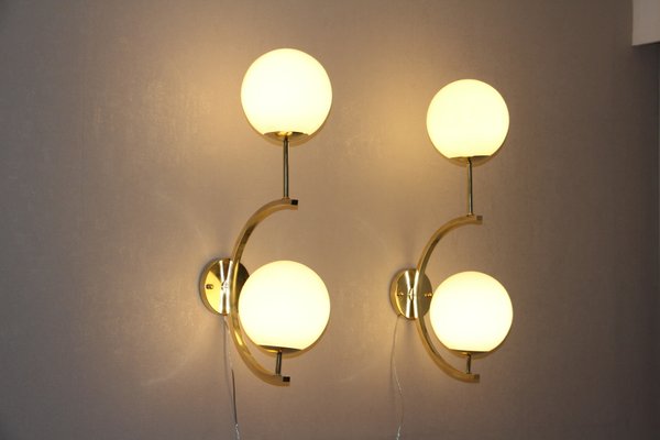 Midcentury Modern Italian Brass and White Glass Sconces, 1990s, Set of 2-YF-787584