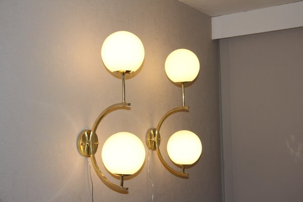 Midcentury Modern Italian Brass and White Glass Sconces, 1990s, Set of 2-YF-787584