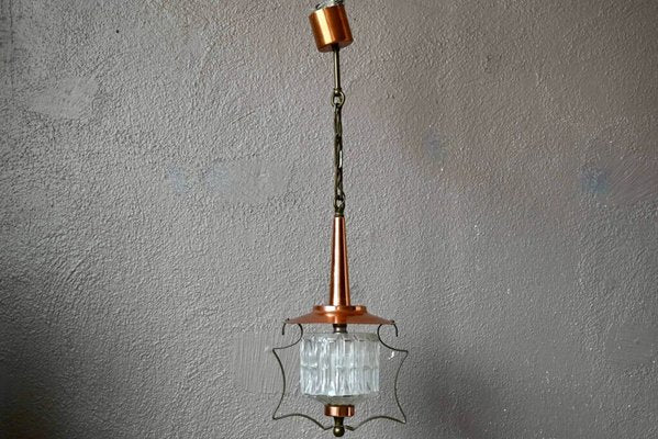 Midcentury Pendant Lamp in Glass and Copper Metal, 1950-AIU-2014798