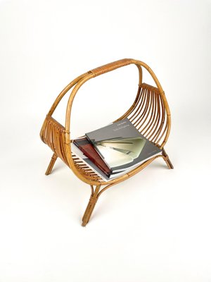 Midcentury Rattan & Bamboo Curved Magazine Rack, Italy, 1960s-LYQ-1258002