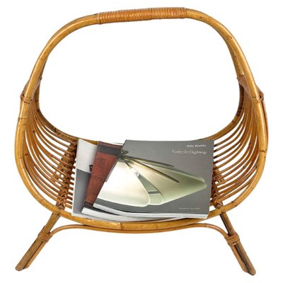 Midcentury Rattan & Bamboo Curved Magazine Rack, Italy, 1960s-LYQ-1258002