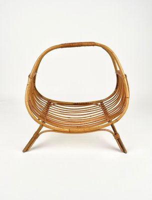 Midcentury Rattan & Bamboo Curved Magazine Rack, Italy, 1960s-LYQ-1258002