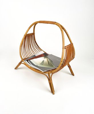 Midcentury Rattan & Bamboo Curved Magazine Rack, Italy, 1960s-LYQ-1258002