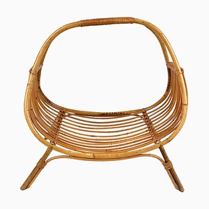 Midcentury Rattan & Bamboo Curved Magazine Rack, Italy, 1960s-LYQ-1258002