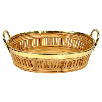 Midcentury Rattan & Brass Centerpiece Basket, Italy, 1970s-LYQ-1258004