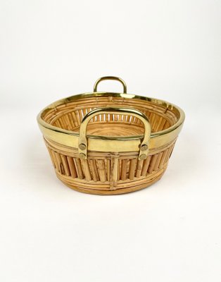 Midcentury Rattan & Brass Centerpiece Basket, Italy, 1970s-LYQ-1258004