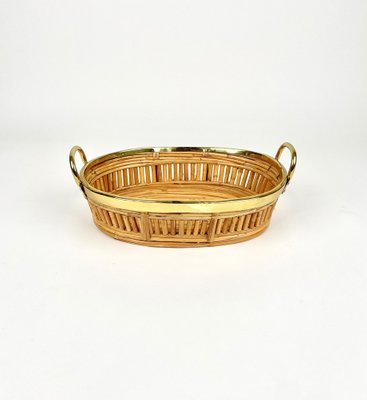 Midcentury Rattan & Brass Centerpiece Basket, Italy, 1970s-LYQ-1258004