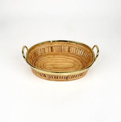 Midcentury Rattan & Brass Centerpiece Basket, Italy, 1970s-LYQ-1258004