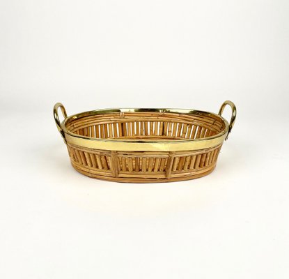 Midcentury Rattan & Brass Centerpiece Basket, Italy, 1970s-LYQ-1258004