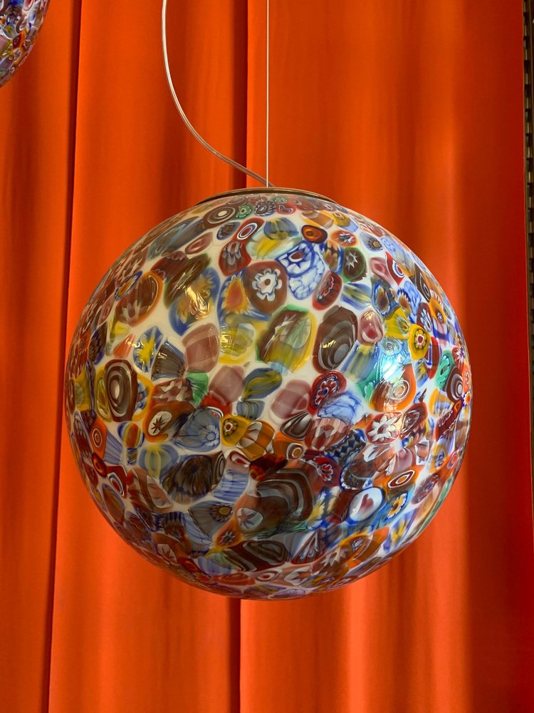 Milky-White Sphere in Murano Style Glass with Multicolored Murrine from Simoeng