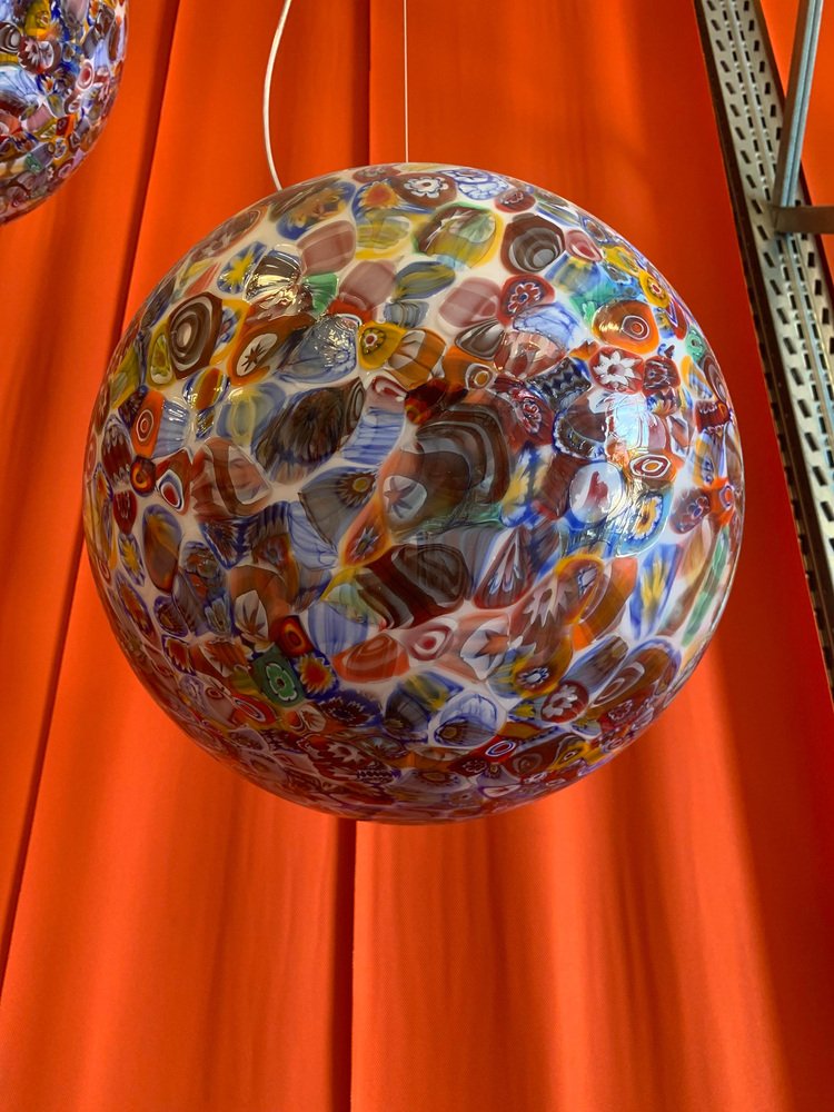 Milky-White Sphere in Murano Style Glass with Multicolored Murrine from Simoeng