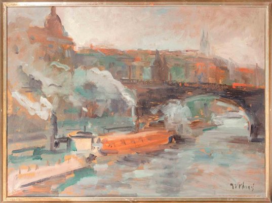 Miloslava Vrbova-Štefková, View of Charles Bridge in Prague, Oil Painting, Mid-20th Century-ZCI-2032699