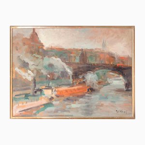 Miloslava Vrbova-Štefková, View of Charles Bridge in Prague, Oil Painting, Mid-20th Century-ZCI-2032699