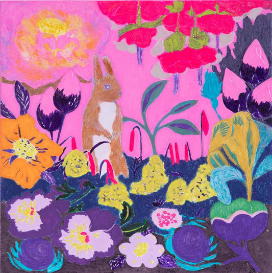 Minako Asakura, Squirrel in the Field of Flowers, 2022, Acrylic & Watercolour on Paper on Wood