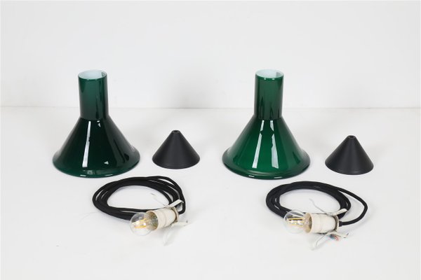 Mini-P&T Hanging Lamps in Green Glass by Michael Bang for Holmegaard, 1970s, Set of 2-NIX-1763620