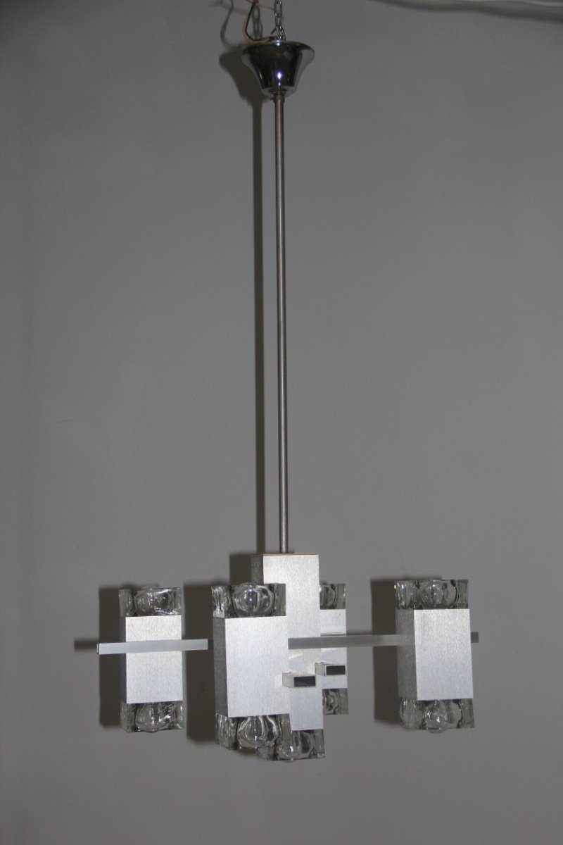 Minimal Aluminum & Glass Chandelier by Gaetano Sciolari, 1970s