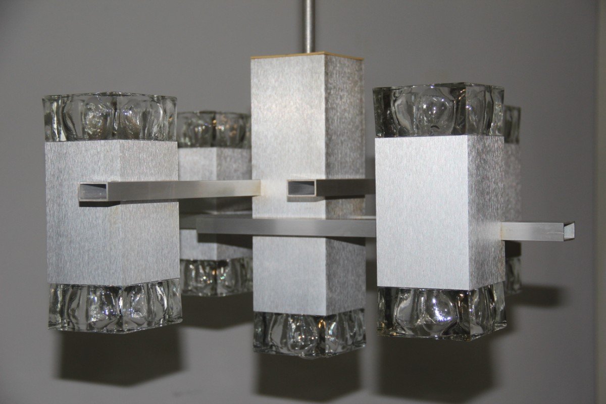 Minimal Aluminum & Glass Chandelier by Gaetano Sciolari, 1970s