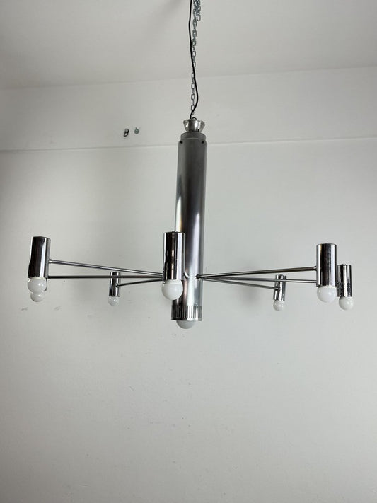 Minimalist 9-Light Steel Chandelier in the style of Angelo Brotto, 1970s