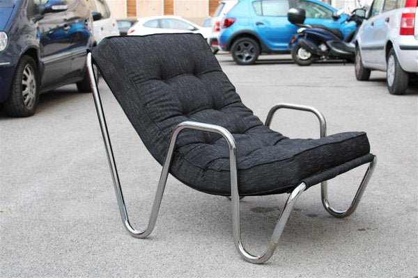 Minimalist Chrome Plated Tubular Metal and Black Fabric Lounge Chair, 1970s-EH-675997