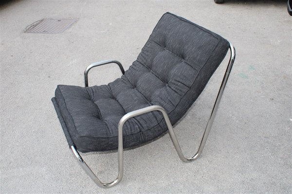 Minimalist Chrome Plated Tubular Metal and Black Fabric Lounge Chair, 1970s-EH-675997