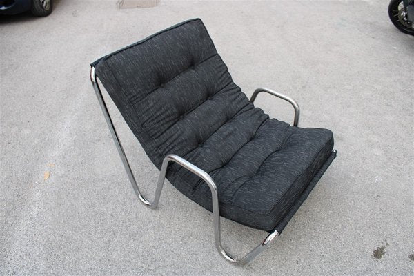 Minimalist Chrome Plated Tubular Metal and Black Fabric Lounge Chair, 1970s-EH-675997