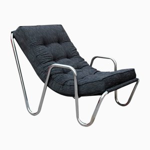 Minimalist Chrome Plated Tubular Metal and Black Fabric Lounge Chair, 1970s-EH-675997