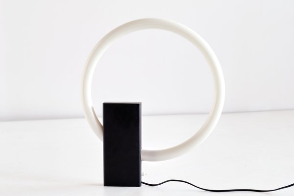 Minimalist Circular Tube Table Lamp with Black Steel Base in the style of Aldo Van den Nieuwelaar, 1970s-FMT-864792