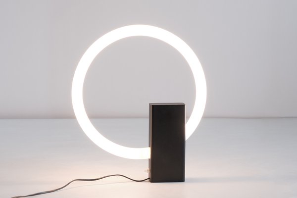 Minimalist Circular Tube Table Lamp with Black Steel Base in the style of Aldo Van den Nieuwelaar, 1970s-FMT-864792