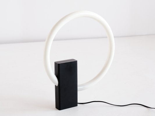 Minimalist Circular Tube Table Lamp with Black Steel Base in the style of Aldo Van den Nieuwelaar, 1970s-FMT-864792