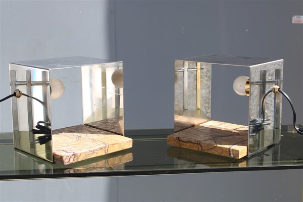 Minimalist Cube Table Lamps in Brass, Steel & Marble, Italy, 1970s, Set of 2-EH-1407420